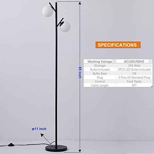 Fiqevs Globe Tree Floor Lamp, Mid Century Modern Standing Lamp with 2 LED Bulbs & Frosted Glass Shades, Retro Tall Pole Lamp for Living Room, Bedroom & Office