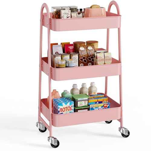 Sweetcrispy 3 Tier Metal Storage Utility Cart with Wheels, Kitchen Organizer Trolley Rolling Bathroom Laundry Room Bar Office Shelves Mobile Shelving Unit Caster for Snack Bedside Narrow Places, Pink