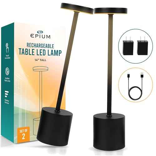 Cordless Table Lamp Pack of 2 (Black) Rechargeable Lights - Set of 2 USB Chargers Included - LED 3-Color Dimmable Lamps for Restaurant Dinner Dining Kitchen Coffee Table Patio and Portable Lighting