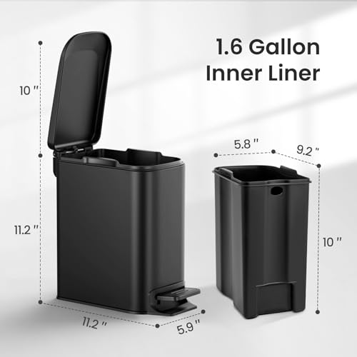 Cesun Matte Black Small Bathroom Trash Can with Lid, 1.6 Gal, Soft Close