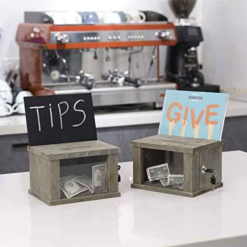 MyGift Set of 2 Vintage Gray Brown Solid Wood Suggestion Box, Comment Box and Money Donation Collection with Lock, Key, and Interchangeable Acrylic and Chalkboard Sign Holder