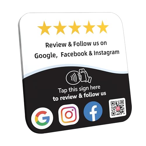 Review Tap Card & Social Media Sign NFC Plate ? NFC Review QR Code Sign compatible with Instagram & Facebook QR Code Follow Us ? Tap or Scan Business Rating Display with Stand & Adhesive ? No App/Fees
