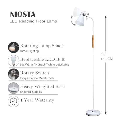 Reading Floor Lamp,Industrial Modern Style,360¡ÆRotatable Shade,Height Adjustable, 3 CCT Adjustable,for Living Room,Office,Bedroom Reading,Easel Work (White+Wood)