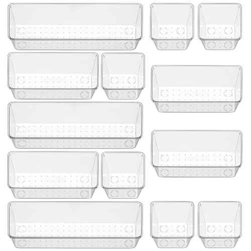 12 Piece Clear Drawer Organizer Set, 3 Sizes Bathroom Vanity Organizer Trays and Storage Bins for Makeup, Cosmetics, Jewelry, and Gadgets. Perfect for Office, Kitchen, Bedroom, Bathroom Use.