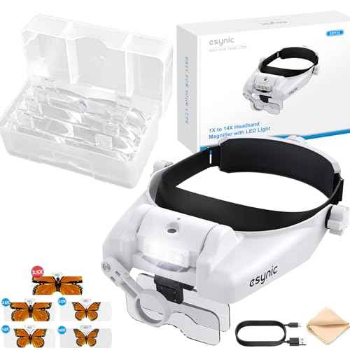 eSynic Comfortable Head Magnifier with Light USB C Rechargeable 1X-14X Magnification 5 Acrylic Lenses Double Lens Design Adjustable Headband for Reading Crafts Jewelry Repair Close Work