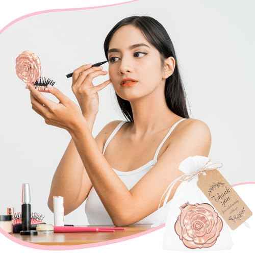 24 Sets Rose Compact Mirrors Brush Bulk Quinceanera Party Favors for Guests Travel Mirror Thank You Gifts Bulk for Sweet 16 15 Party Favors Bridal Shower Wedding Souvenirs(Rose Gold)