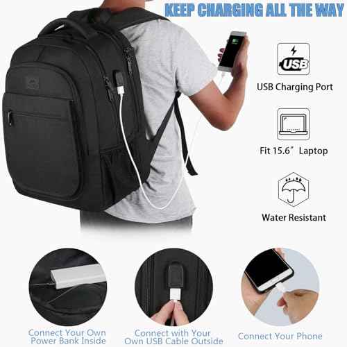 MATEIN Travel Backpack for Men, Expandable Laptop Backpack with USB Charging Port, Anti Theft Business Computer Bag Fit 15.6 Inch Laptop, Water Resistant College School Bookbag for Men Women, Black
