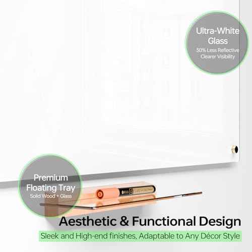 YEOUX Glass Dry Erase Whiteboard - 23x35 Ultra White Non-Magnet White Board for Wall with Wooden Based Floating Glass Marker Tray for Kitchen, Home and Office