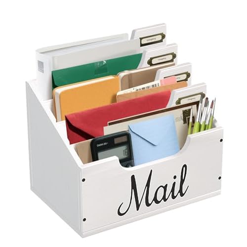 Mail Organizer Countertop, Desktop Mail Basket with 4 Slots, Wooden Mail Paper Holder, File Holders for Document Envelopes and Bills, Large Mail Holder and Classroom Mailbox for Office Home
