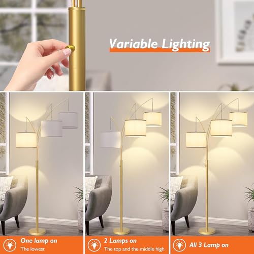 3 Lights Arc Floor Lamps for Living Room,Gold Modern Tall Standing Lamp Hanging Over The Couch with Shades & Heavy Base,Mid Century Black Tree Floor Lamp for Bedroom Office