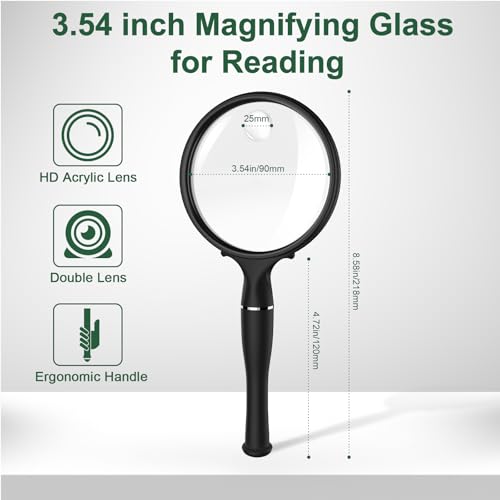 BASEJKCO Black 10X 30X Handheld Magnifying Glass 90mm Anti-Glare Lens