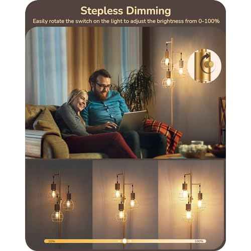 EDISHINE Dimmable Farmhouse Floor Lamp for Living Room, Industrial Standing Lamp with 3 LED Edison Bulbs, Corner Rustic Rattan Tall Tree Reading Lamps Home Decor for Bedroom, Office, Gold