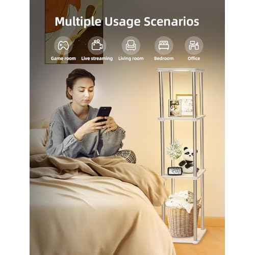 LED Floor Lamp with Shelves, Adjustable Height lamp with Shelves, Standing Lamp with APP Control,USB Port and Music Sync, Shelf Lamp for Living Room, Bedroom, 4 Tier White