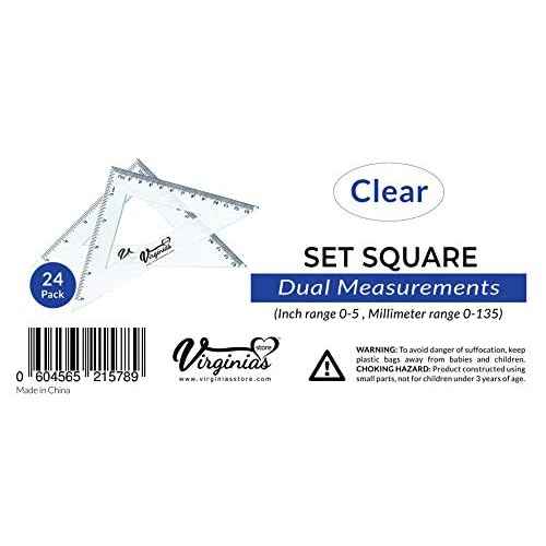 Virginia's Store 5 inch/13cm 90 Set-Squares Pack of 24, Crystal Clear Transparent, Shatter Resistant Plastic, Single-piece Plastic Molding, Drafting Tool Set, Ruler