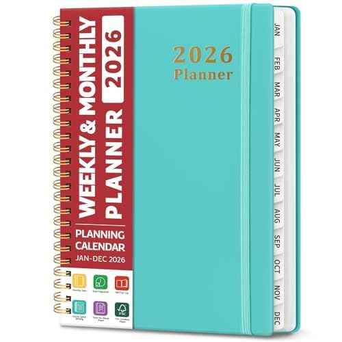 2026 Planner, Weekly and Monthly Calendar Planner, January 2026 - December 2026, Hardcover 2026 Calendar Planner Book with Tabs For Women & Men, Inner Pocket, Spiral Bound, Perfect for Office Home School Supplies - A5 (6.3" x 8.5"), Aquamarine