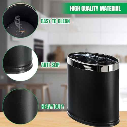Invisi-Overlap' Metal Trash Can, Open Top Small Office Wastebasket, Oval Shape (Black)