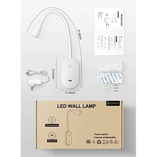 deeloop LED Wall Mount Reading Light for Bed, Reading Lamp with USB Output 5 Brightness Levels Touch Control Book Lights, 4000K Bedside Lamp Flexible Gooseneck, 2 Easy Install Options