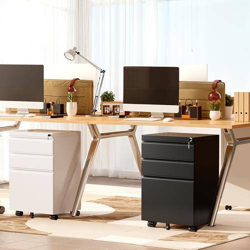 Superday Black 3-Drawer Lockable Mobile File Cabinet with Wheels - Fully Assembled Under-Desk Vertical Office Cabinet (Black / Vertical File Cabinet - 3 Drawer)