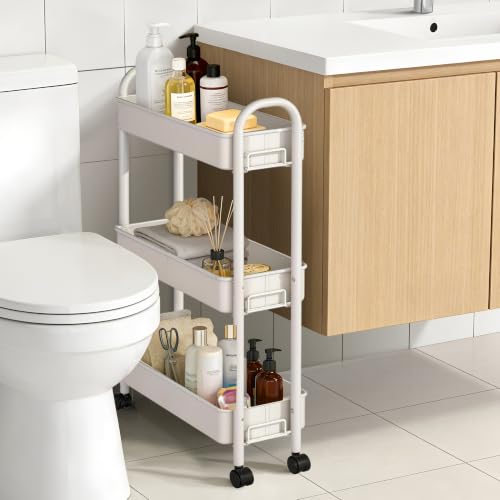 ZXICEU Matte White Slim 3-Tier Metal Rolling Cart - Narrow Utility Storage