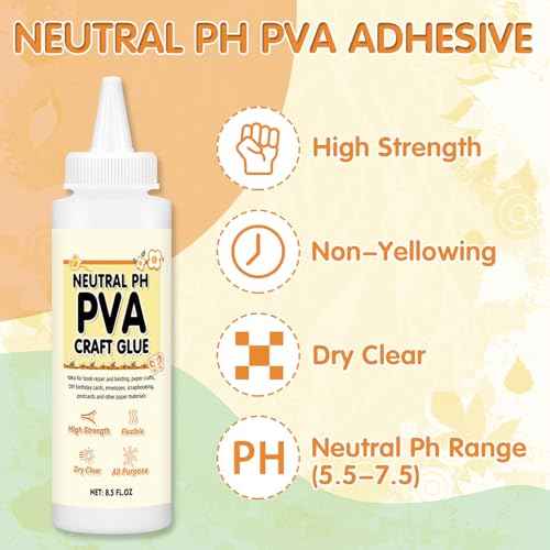 PH Neutral PVA Glue 8.5 Oz, Archival Quality Acid-Free PVA Adhesive, Dries Clear and Remains Flexible Book Binding Glue for Paper Crafts, Framing, Collages (8.5Oz)