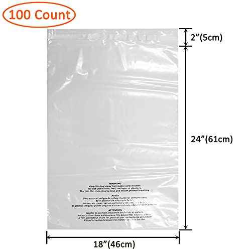 Belinlen 100 Count 18x24 Inch Self Seal Clear Poly Bags with Suffocation Warning for Packaging, Shipping & FBA with Permanent Adhesive (1.5mil)
