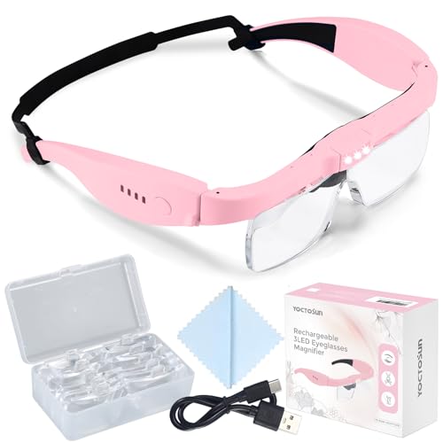 YOCTOSUN Pink Magnifying Glasses with Light, 0.75X-4.0X Headset, Rechargeable