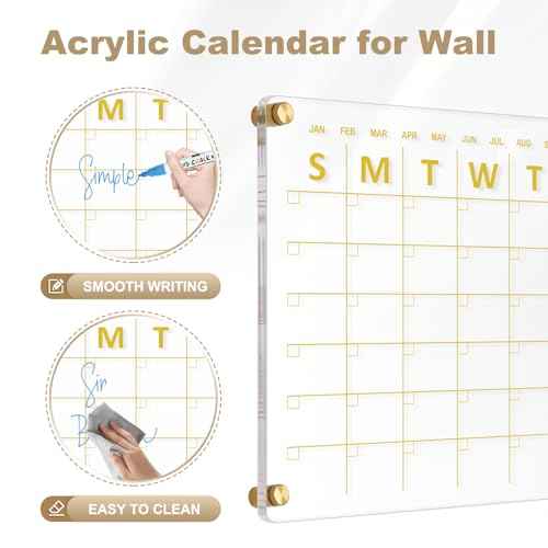 Large Acrylic Calendar for Wall, 24" X 16" Golden Clear Acrylic Wall Calendar, Clear Wet & Dry Erase Calendar Hanging Frameless Monthly Planner for Office, Home or School, 2 Markers