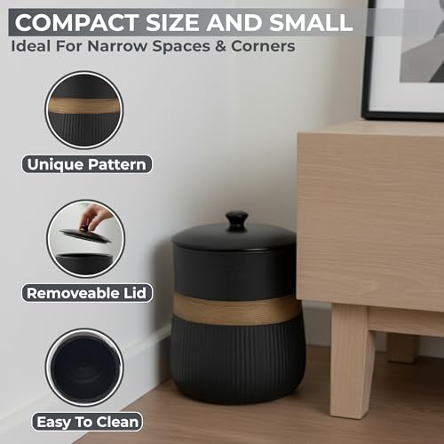 Escenzy Black Bathroom Trash Can with Lid 5L | 7" x 10" | Decorative Small Garbage Can | Modern Ceramic Waste Basket for Bathroom, Bedroom, Kitchen, Hotels or Living Room Decor | Luxe Restroom Decor