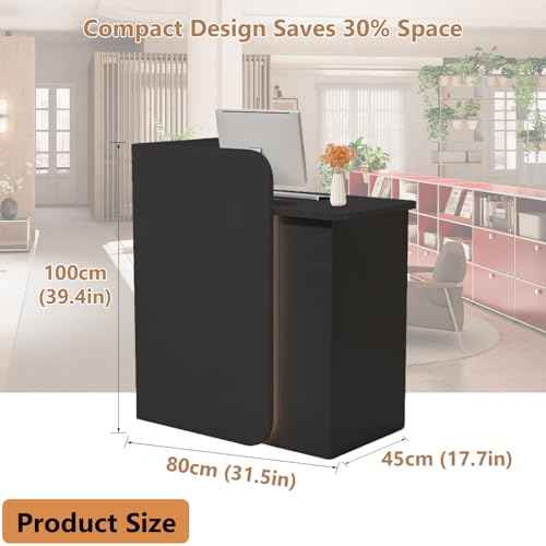 Modern Reception Desk with Curved Privacy Panel & LED Light Strip, Lockable Drawers, 6 Color Options Front Counter Desk, Retail Checkout Counter for Salon, Office, Boutique(Black)