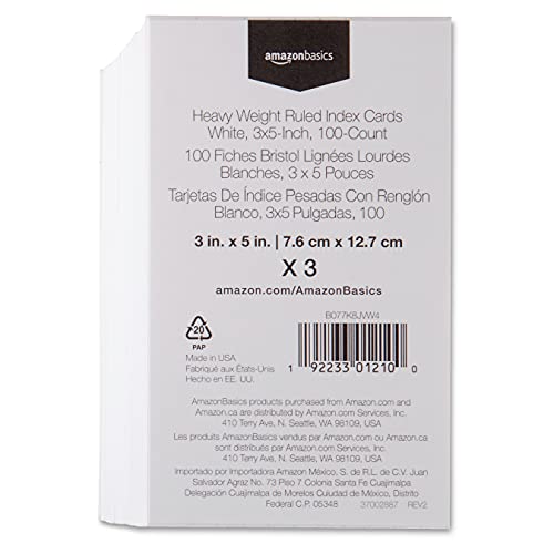 Amazon Basics Heavy Weight Ruled Index Cards 3x5 Inch Pack of 3 (900 Count)