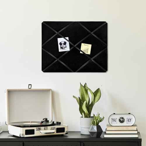 Black Fabric Memo Bulletin Board, 23.6x17.7 inches Velvet Pin Board for Wall, Vision Board Message Board Cork Board with Criss-Cross Ribbons for Home Office School Wall Decor(BK Velvet,4560)