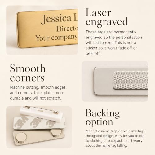MIA·MIA Custom Engraved ID Name Tag Tag with Text & Logos – Only Text Variation, Metal or Acrylic, Front Pin or Magnetic Backing