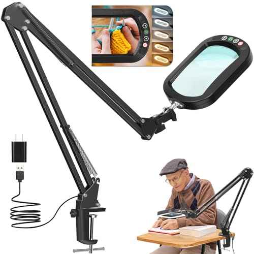 10X Rectangle Magnifying Glass with Light and Clamp, 5 Color Modes Stepless Dimmable, Lighted Magnifier with Stand Hands Free, Flexible Swing Arm LED Desk Lamp for Close Work, Craft, Reading, Painting