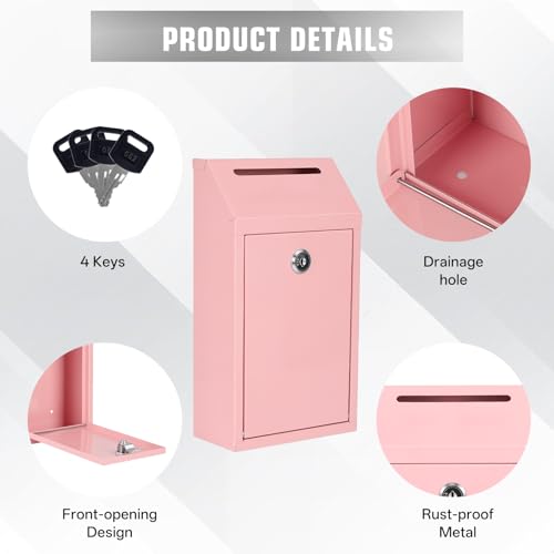 Sumerfnt Pink Locking Cash Box with Slot, Wall Mount, 4 Keys – Outdoor/Indoor Donation Box