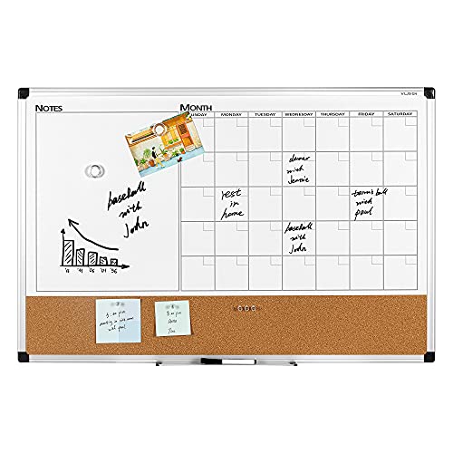 VUSIGN Monthly Calendar Whiteboard Dry Erase Cork Board Combo, 24" x 36" Planning Board, Silver Aluminium Frame