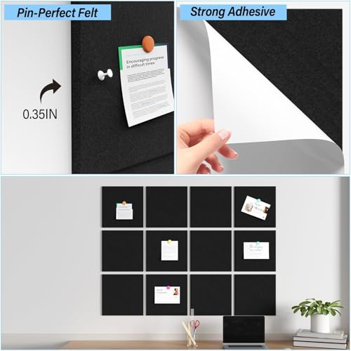Large Cork Boards for Walls ? 48 x 36 Self Adhesive Felt Wall Tiles, Ideal for Office Black Bulletin Board, Easy to Install Pin Board Photo Board