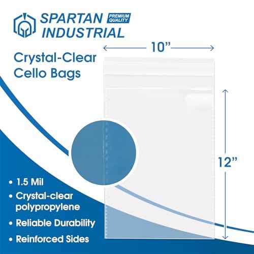 Spartan Industrial - 10" X 12" (200 Count) Crystal Clear Resealable Cello Poly Bags for Packaging, Clothing & T Shirts - Self Seal & Reinforced
