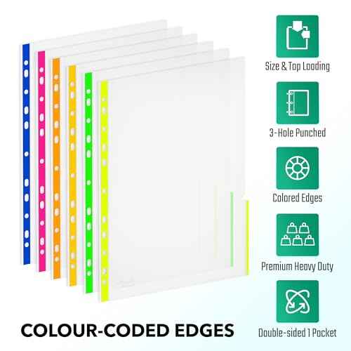 100 Pack, 8.5 x 11 Plastic Sheet Protectors, Premium Heavy Duty, Color-Coded Edges, Top & Side Loading Plastic Sleeves, Page Protectors for 3 Ring Binder