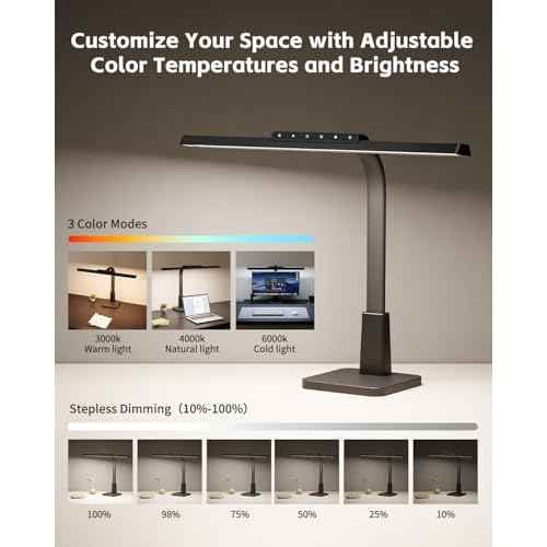 LED Desk Lamp for Home Office with Base, Dimmable Eye-Caring Computer Light with Memory & Timer Functions, Flexible Gooseneck Touch Control Architect Desk Light for Reading, Study, Workbench (Black)