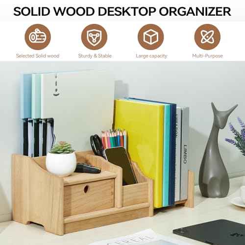 KIRIGEN Desktop Adjustable Organizer Storage Book Shelf with Drawer Wooden Desk Bookcase Workplace Storage Station Expandable Book Rack Fully Assembled SSSJ-S-NA