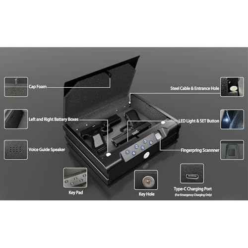 gun safe£¬Biometric Gun Safe For Handgun with fingerprint, key and digital password .withUSB-C Port£¬voice prompt£¬for bedroom nightstand and car