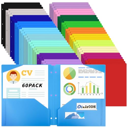 60 Pack Plastic Folders with Pockets 3 Hole Punched - Oleitodh 20 Colors 2 Pocket Folder with 2 Business Card Holder, Fit in 3 Ring Binder, Heavy Duty Folders for School Home Office & Business