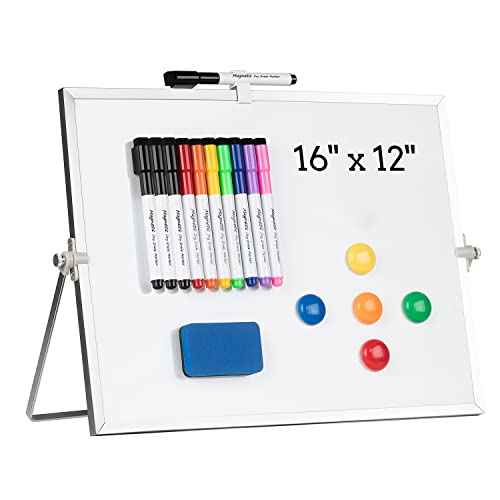 Dry Erase White Board, Cazeyoo Magnetic Desktop Whiteboard 16 x 12inch with Stand, 10 Markers, 4 Magnets and 1 Eraser, Portable Double-Sided White Board for Kids Drawing, Office, Home, School