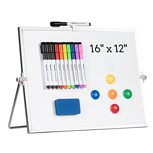 Cazeyoo Magnetic Desktop Whiteboard 16x12 Inch with Stand - Double-Sided Dry Erase Board, 10 Markers & Accessories, Metal Frame - Portable Office & Kids Drawing