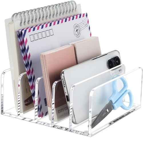 BEYGORM Acrylic Mail Holder, Clear Multifunction Desk Organizer with Divider, Vertical Letter Sorter for Desktop, 5 Compartments Modern Office Home Envelope Organizer for Bill, Document, Notebook
