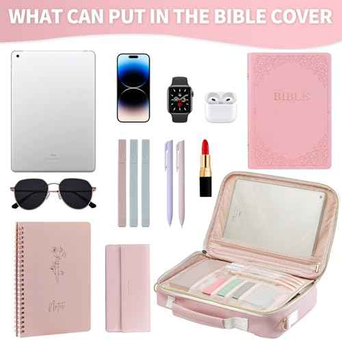 Bible Cover Case for Women, Large Chenille Letter Leather Bible Case with Bible Study Accessories, Bible Study Supplies Bible Journaling Kit, Christmas Christian Gift for Women Girls (Pink)
