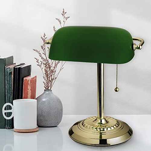 Catalina Lighting 17466-017 13.5'' Traditional Banker's Lamp Light Fixture with Green Glass Cylinder Shade for Office, Library, Living Room, or Dorm, Polished Brass