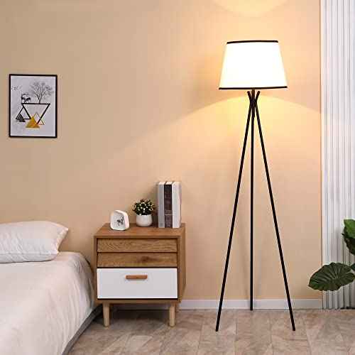 HOMCOM Modern Tripod Floor Lamp, Freestanding Lamp w/Fabric Lampshade and E26 Base for Living Room, No Bulb - Black