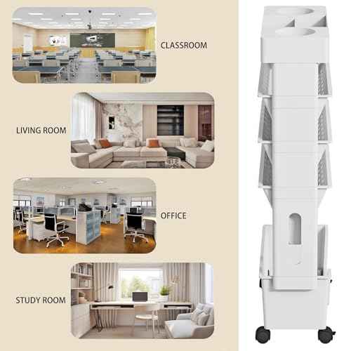 BYFU 5-Tier Movable Bookshelf Cart, Rolling File Paper Storage Organizer Mobile Bookcase with Wheels for Home Office Study Classroom, White