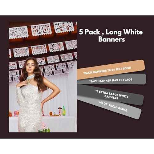 Mexican Flags Bulk White Papel Picado Banner Pack - Over 120 feet, Made from Elegant White Tissue Paper with a Mexican Spring Theme of Flowers, Birds, Suns and Butterflies.
